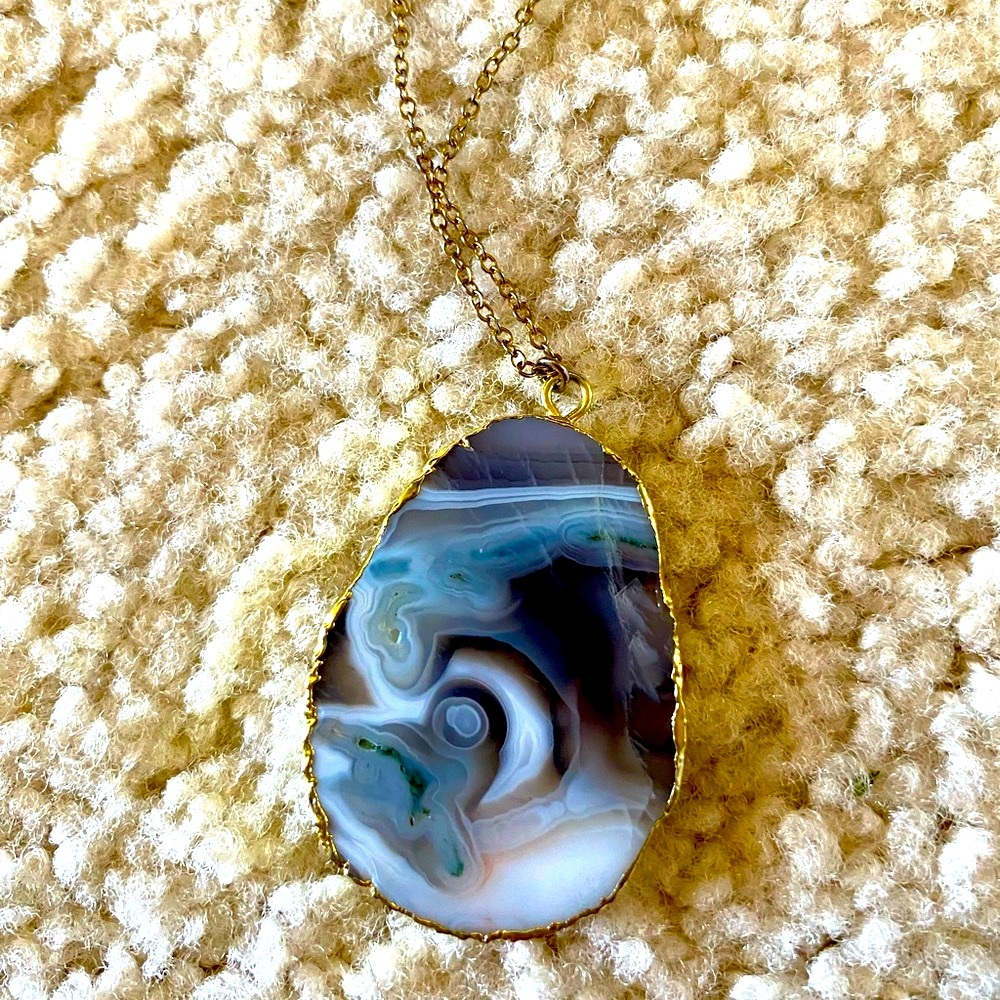 Marble Swirl Pendant Necklace Long Chain Gold Foil Wrap